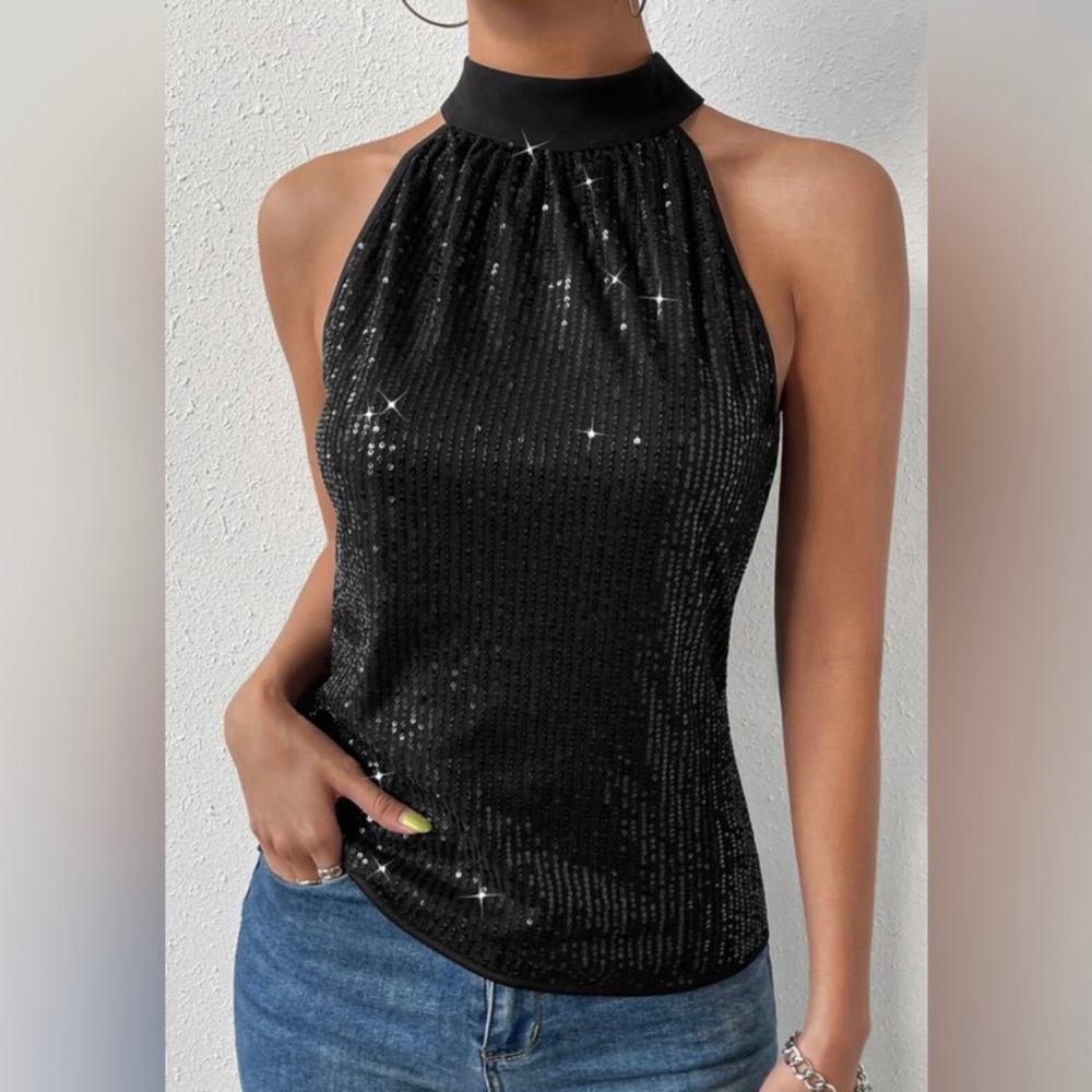 KEYHOLE TIE BACK SEQUINED TANK TOP